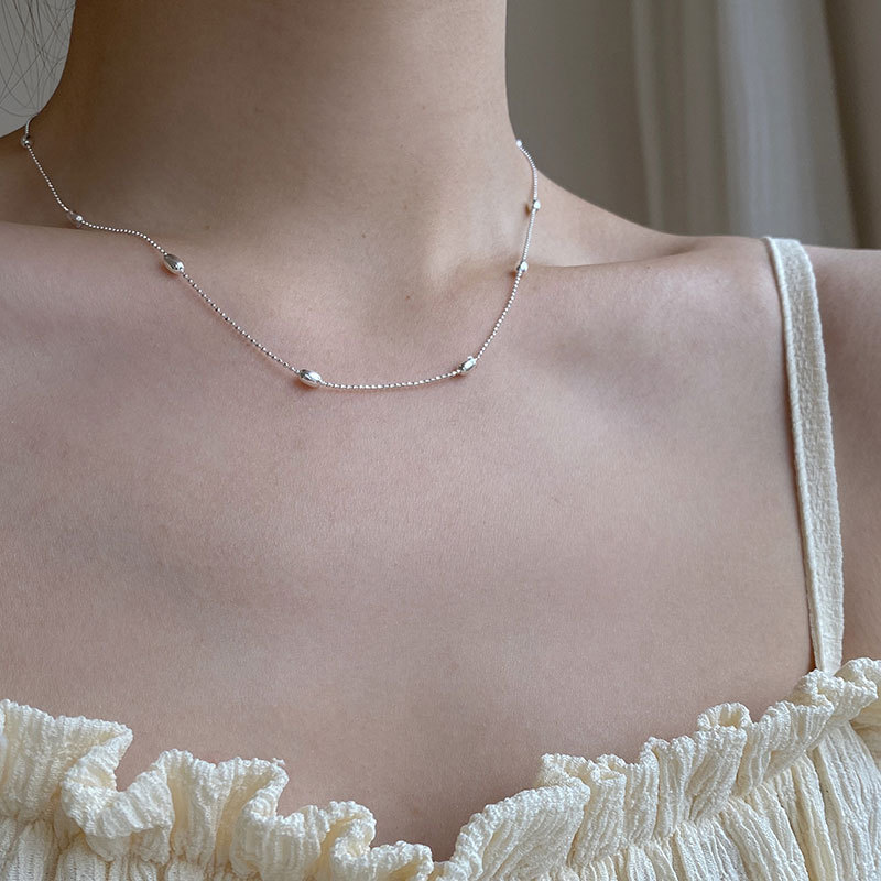 S925 Sterling Silver Rice Grain Bead Necklace White Silver 2021 New Women's Clavicle Chain Simple and Compact 0637A
