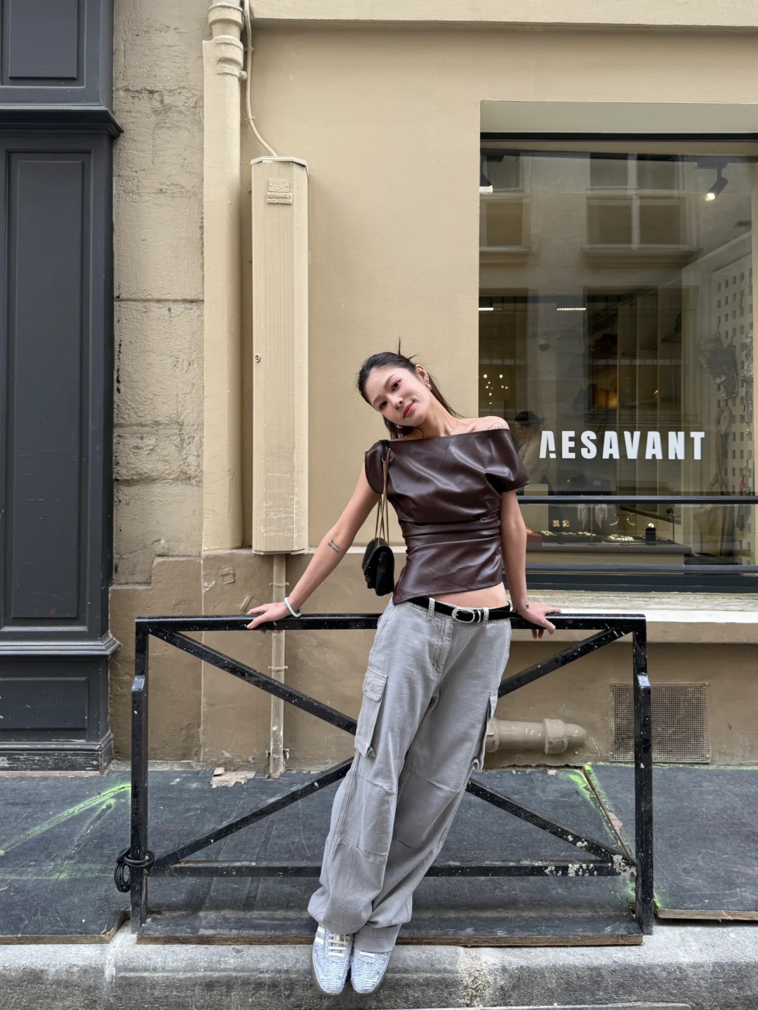 Nana's Same Style/Blogger's Favorite 25 Nanyou Women's Sexy Asymmetrical Slanted Shoulder Hem Pleated Slim Leather Top