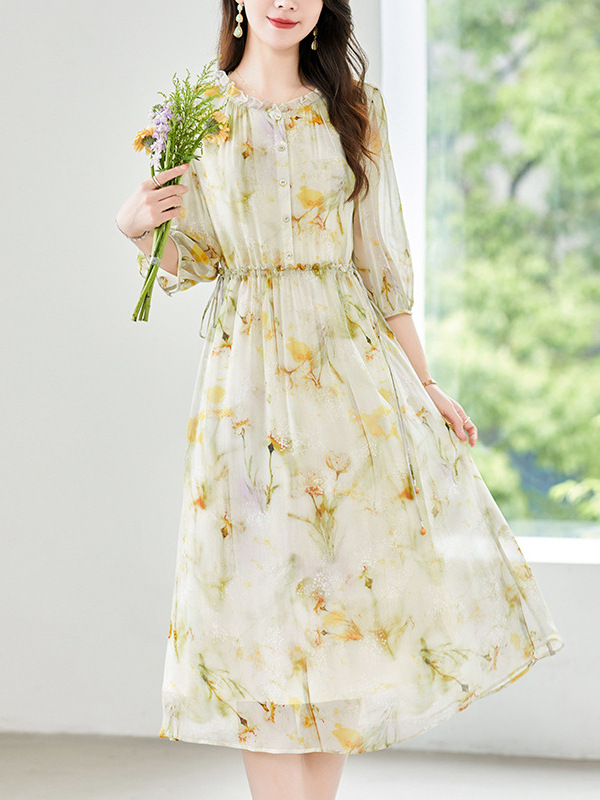 High-End Fairy Silk Dress for Women 2026 New Summer Style Waist-Cinching Elegant Floral Mulberry Silk Printed A-Line Dress