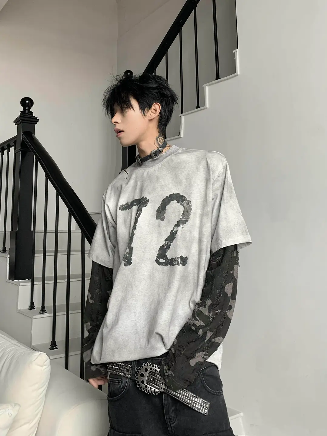 Uekk'Distressed Knife-Cut Camouflage Fake Two-Piece' 2024 Autumn Cleanfit Retro Crew Neck Loose Long Sleeve Men's