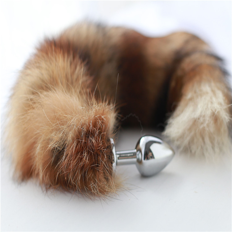 Factory wholesale adult sex toys back room metal anal plug Brown Red Fox fox tail real hair adult supplies
