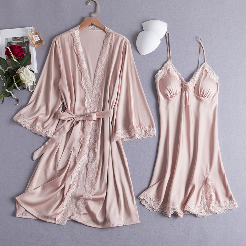 Spring and Summer New Style Nightgown, Sexy and Charming, Two-Piece Home Set, Short-Sleeved Thin Nightgown, Solid Color Home Wear with Chest Pad