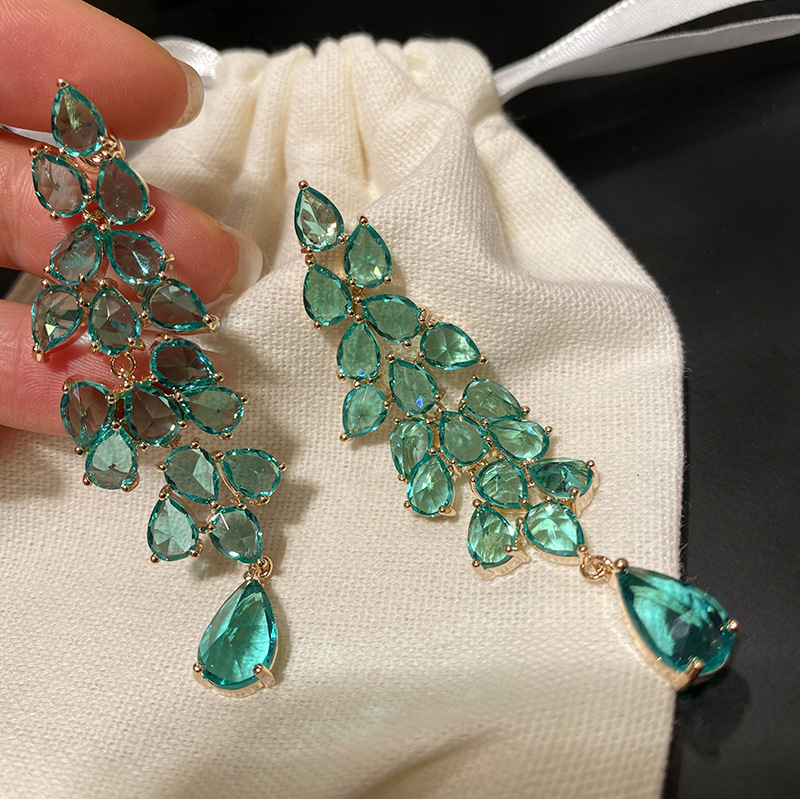 Cross-border Exaggerated Green Diamond Leaves Tassel Leaves Long Earrings European and American Light Luxury Dress Dinner Women's Accessories Wholesale