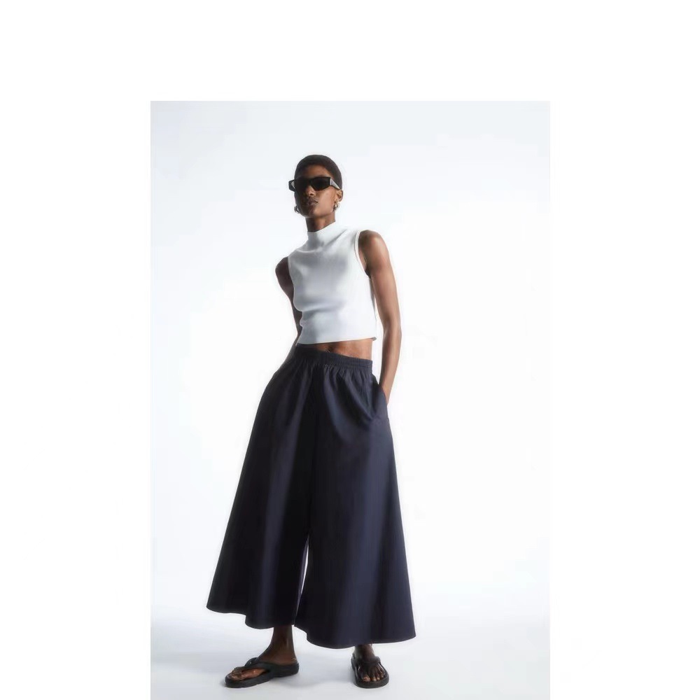 C*Os Women's 2024 Spring New Style Navy Blue Elastic Waist Wide-Leg Pants Versatile Slimming Commuter Style