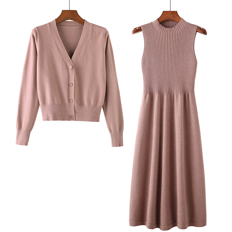 2025 New Early Autumn Long Sleeve Sweater Dress Two-Piece Wool Skirt Loose Knitted Cardigan Women's Factory Direct Sales