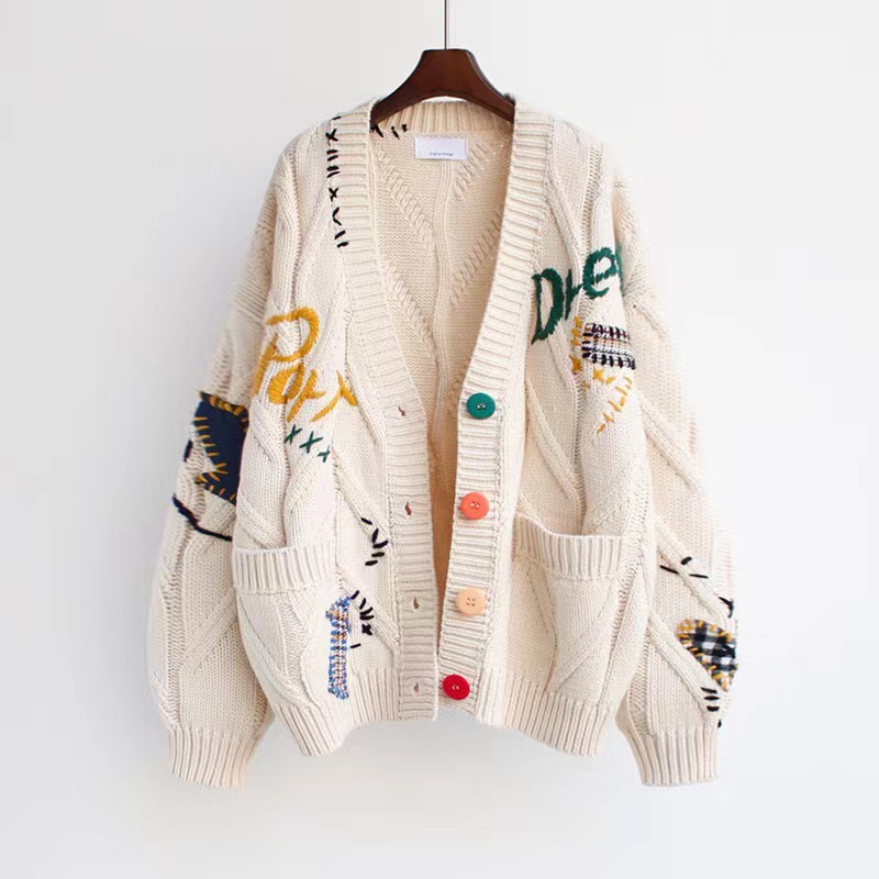 Maoning's New Autumn and Winter Korean Style Knitted Loose Heavy-Duty Colorfulful Embroider Fashion V Neck Mid-Length Sweater Women's Jacket