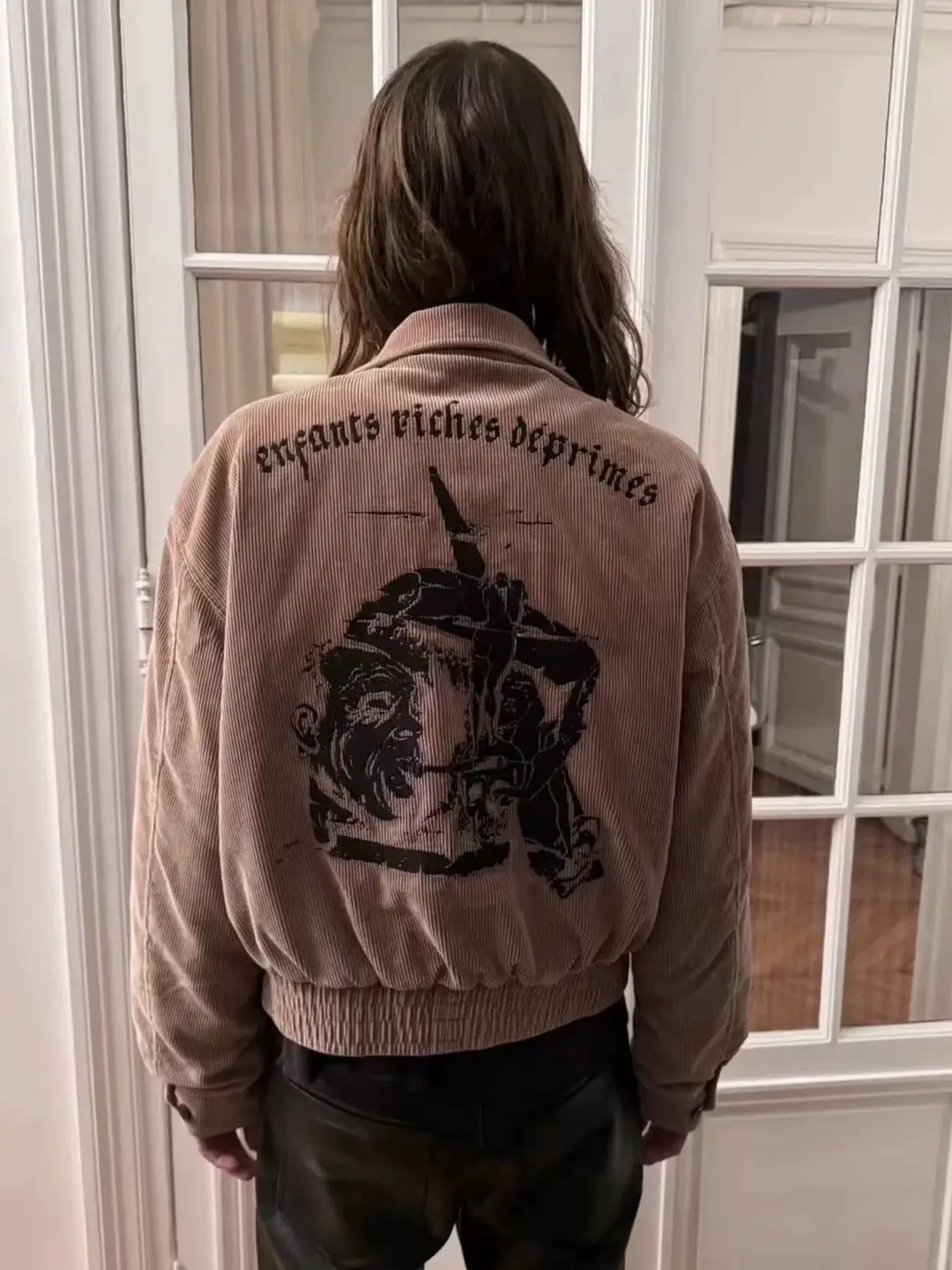 Erd Melancholic Rich Second Generation 24Fw Black and Pink Two-Tone Smoking Portrait Embroidery Corduroy Jacket