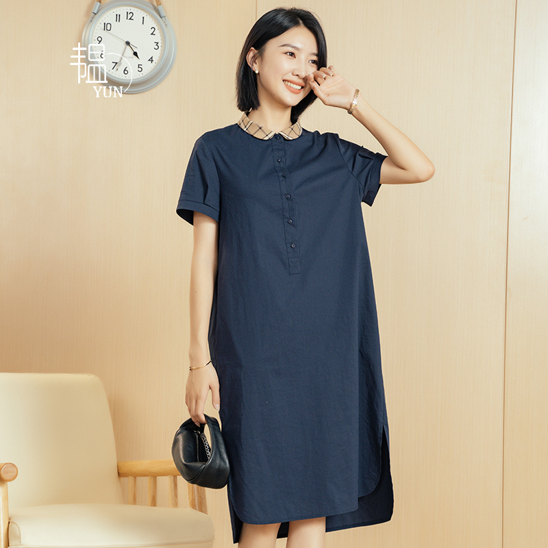 Strictly Selected YUN Yun Summer Thin Lapel dress Women's Pure Cotton Short-sleeved Loose Solid Color Casual Women's Mid-length Dress