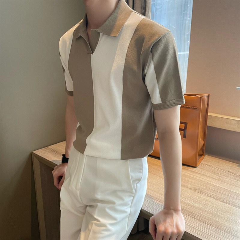 Korean-style Summer Ice Silk Short-sleeved Gradient Colorblock Men's Polo Shirt Casual Striped Contrast Color Lapel Fashionable Breathable Knitted