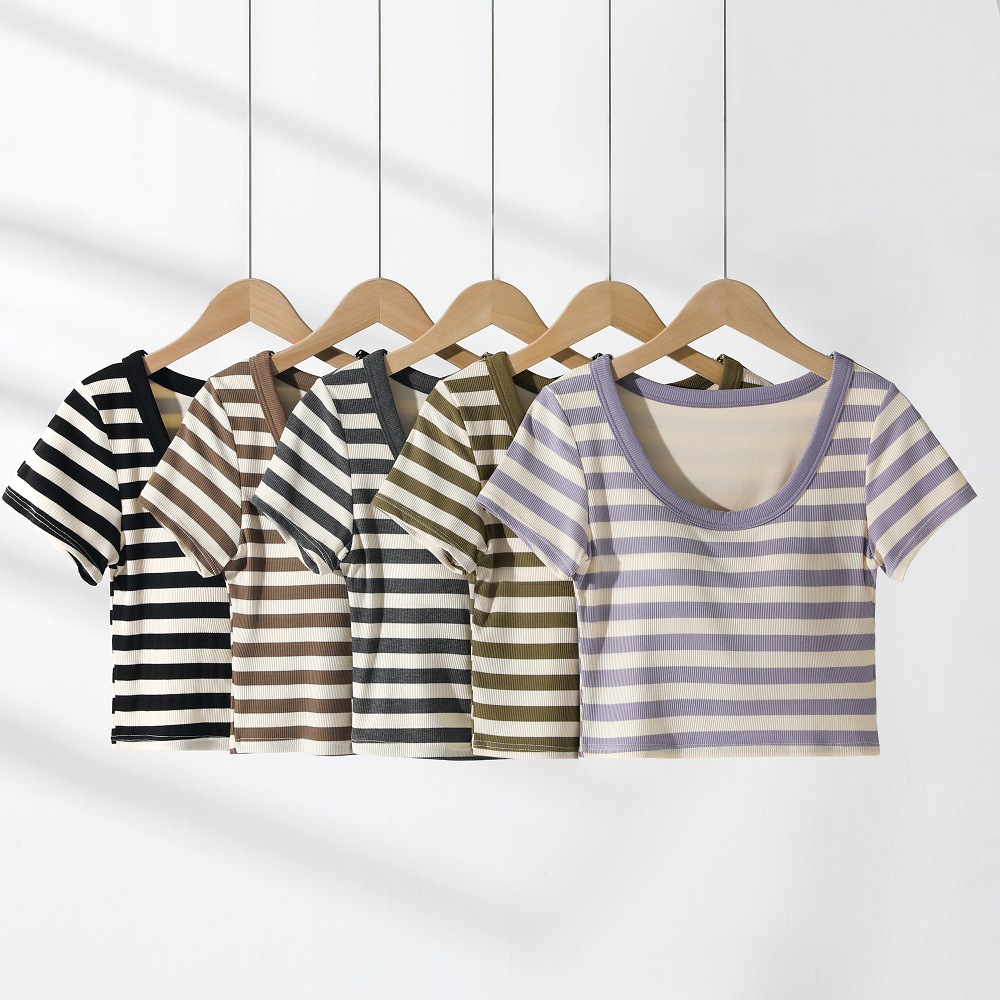 U-collar Navel Short-sleeved Cup Integrated Striped Navel T-shirt Early Spring Stacked Slim-fit Casual Short-sleeved Top
