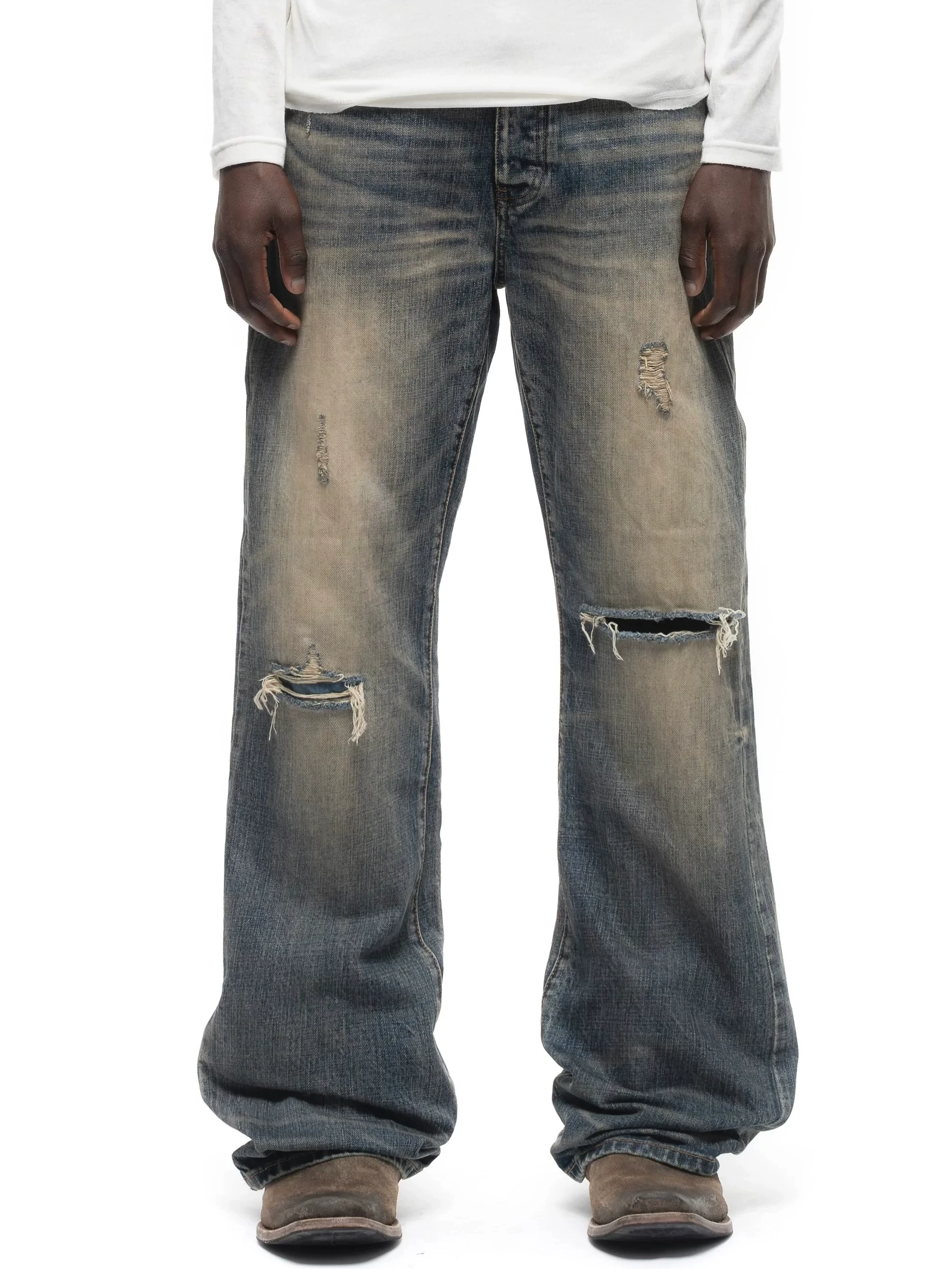 No Faith Studios Japanese Retro Washed Distressed Hand-Cut Ripped Heavy-Duty Patchwork Straight-Leg Jeans for Men