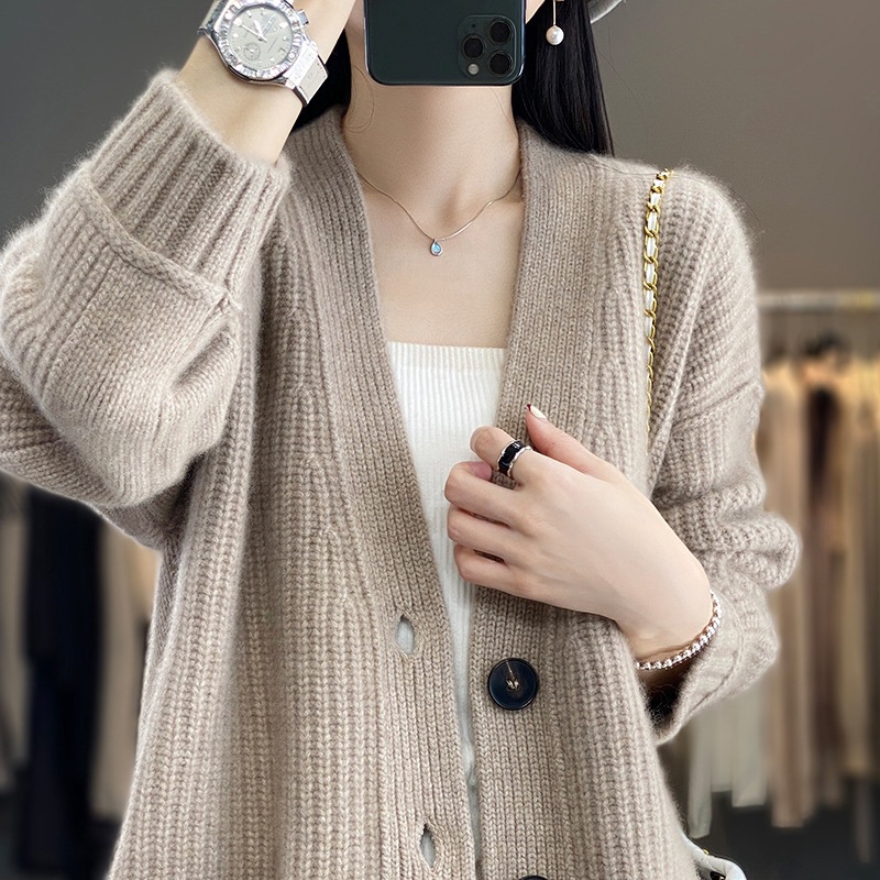 100 pure wool cardigan for women 2023 spring new elegant V-neck sweater loose casual long sleeve knitted coat