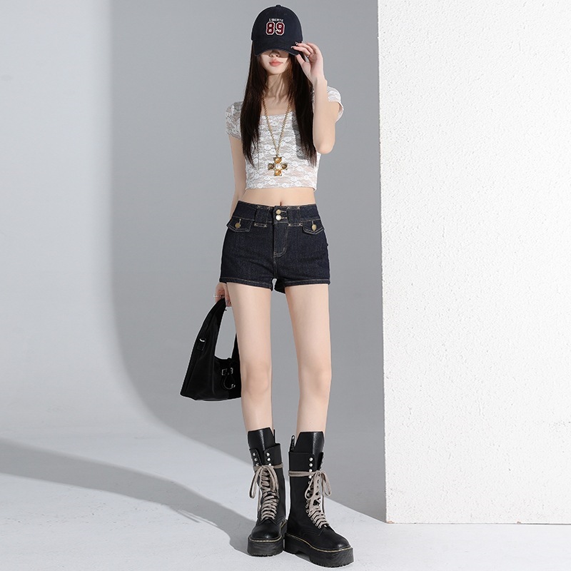 Summer Hot-Selling Versatile Ultra-Short Denim Shorts for Women, Blue Denim, Low-Waist Buttoned Pants, Other Retro Cotton Washed Styles