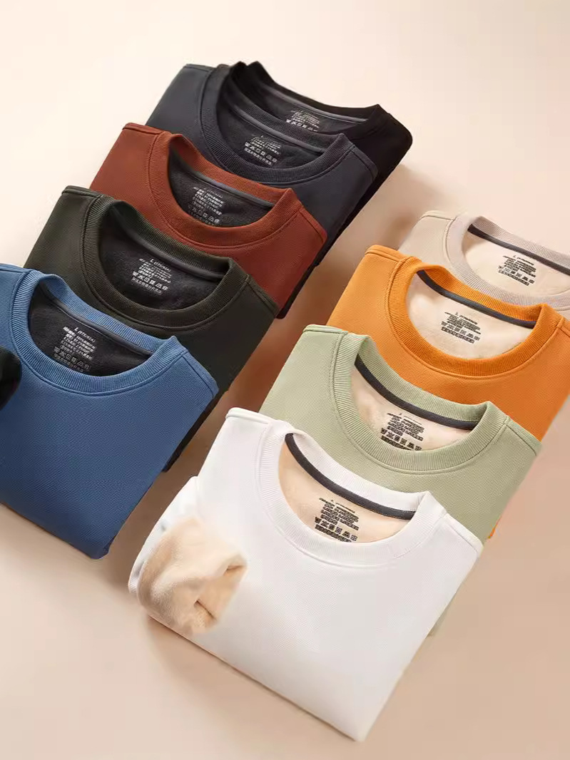 Winter fleece-lined Sweatshirt Men's Long-sleeved Wool Silk Waffles Solid Color Warm Top Round Neck Thickened T-shirt for Men
