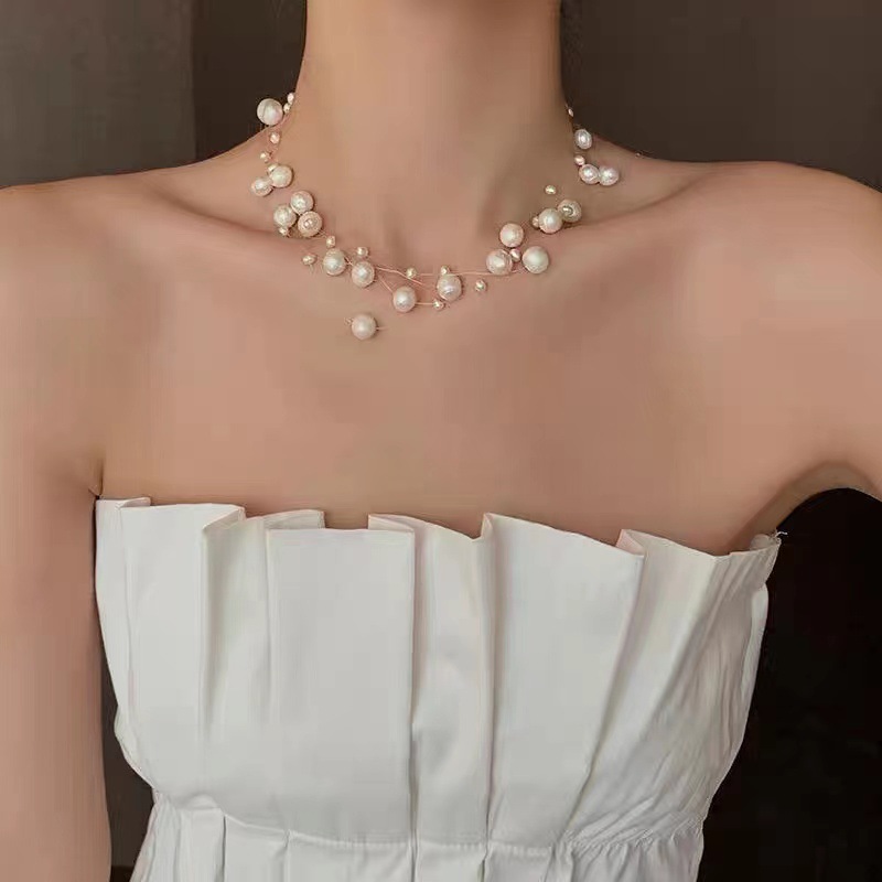 Freshwater Real Pearl Necklace Size Multi-layer Handmade Fishing Line Clavicle Woven Chain All-match Light Luxury Jewelry for Women