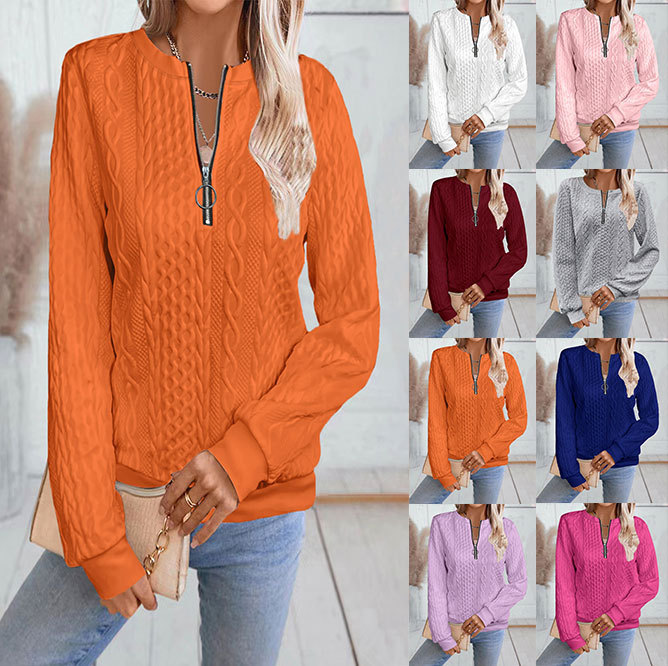 European and American Cross-Border 2024 Autumn and Winter Amazon Foreign Trade New Casual Zip-Neck Long-Sleeve Sweatshirt T-Shirt Short-Sleeve