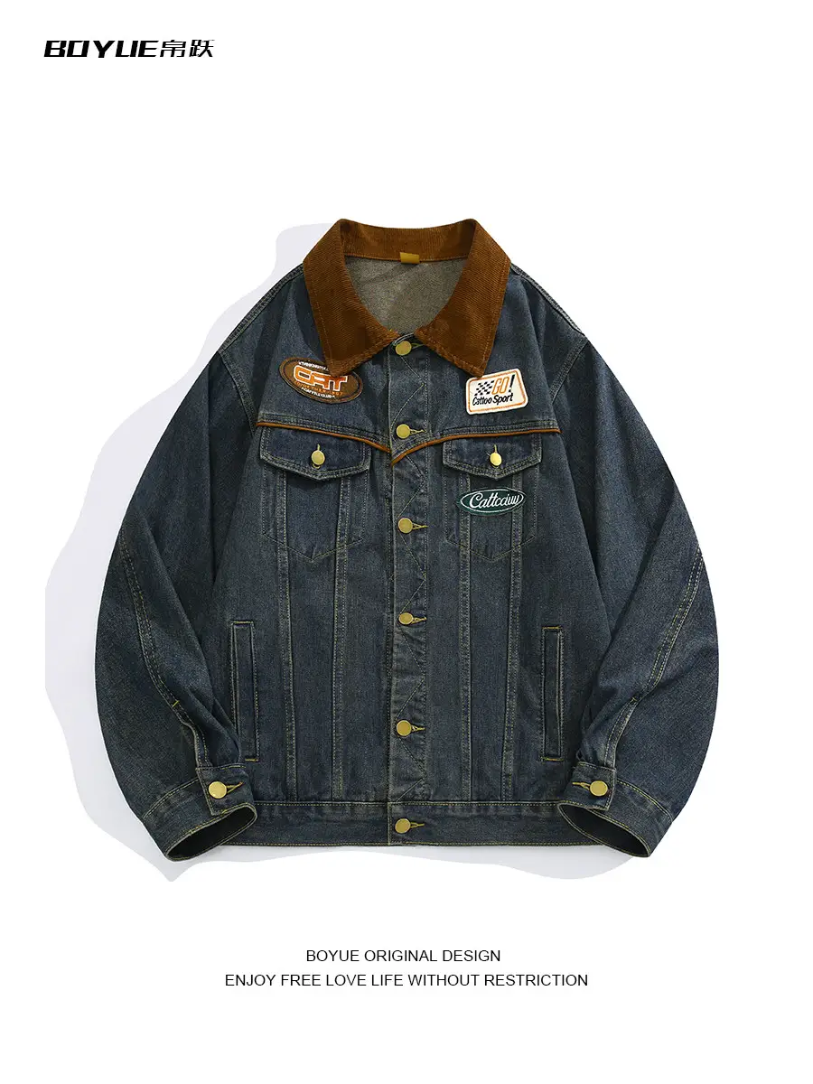 Boyue American-Style Patchwork Vintage Denim Jacket Trendy Personality Hip-Hop Street Heavy-Duty Biker Jacket for Men