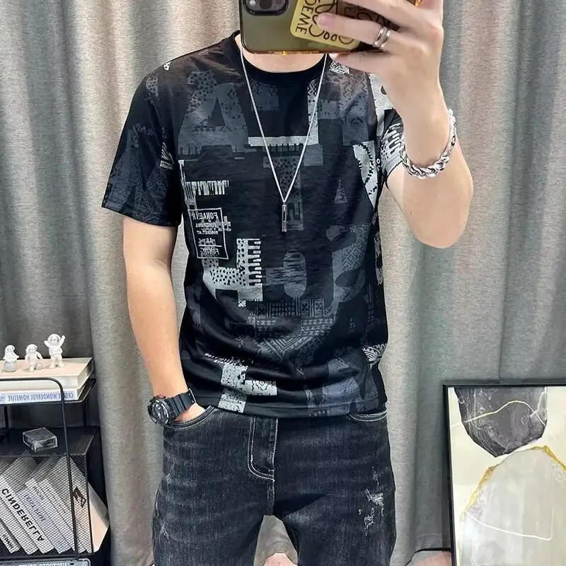 Trendy Brand Round Neck Short-sleeved T-shirt Men's Printed Ice Silk T-shirt Summer Men's Fashionable Casual High-end Half-sleeved Top Trendy