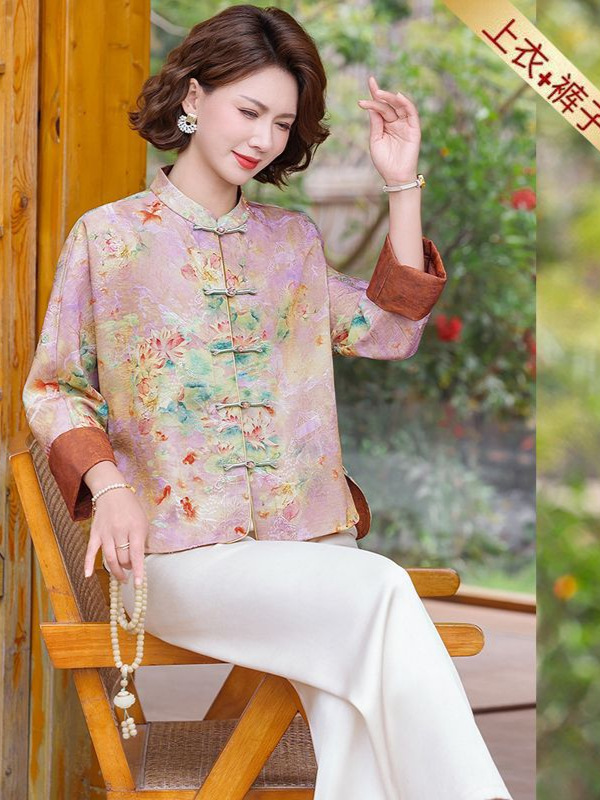 New Chinese-Style High-End National Style Thin Coat Two-Piece Set for Women, 50-Year-Old Middle-Aged Mother, Satin Tang Suit Top, Silk Satin Outerwear
