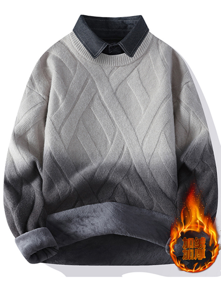 Men's Winter Shirt-Collar Sweater, Two-Piece Style Knitwear, Inner Layer Base Shirt, Youth Warm Gradient Color Sweater