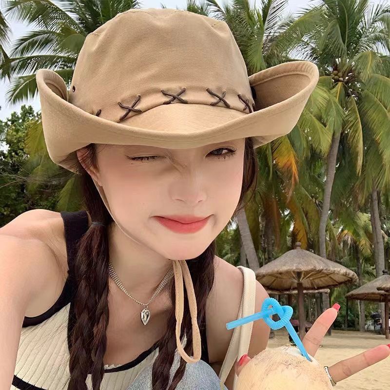 Hong Kong Style Cowboy Hat, Western Cowboy Style for Hot Girls, Summer Seaside Vacation Sun Protection Hat, Large Brim Beret Factory