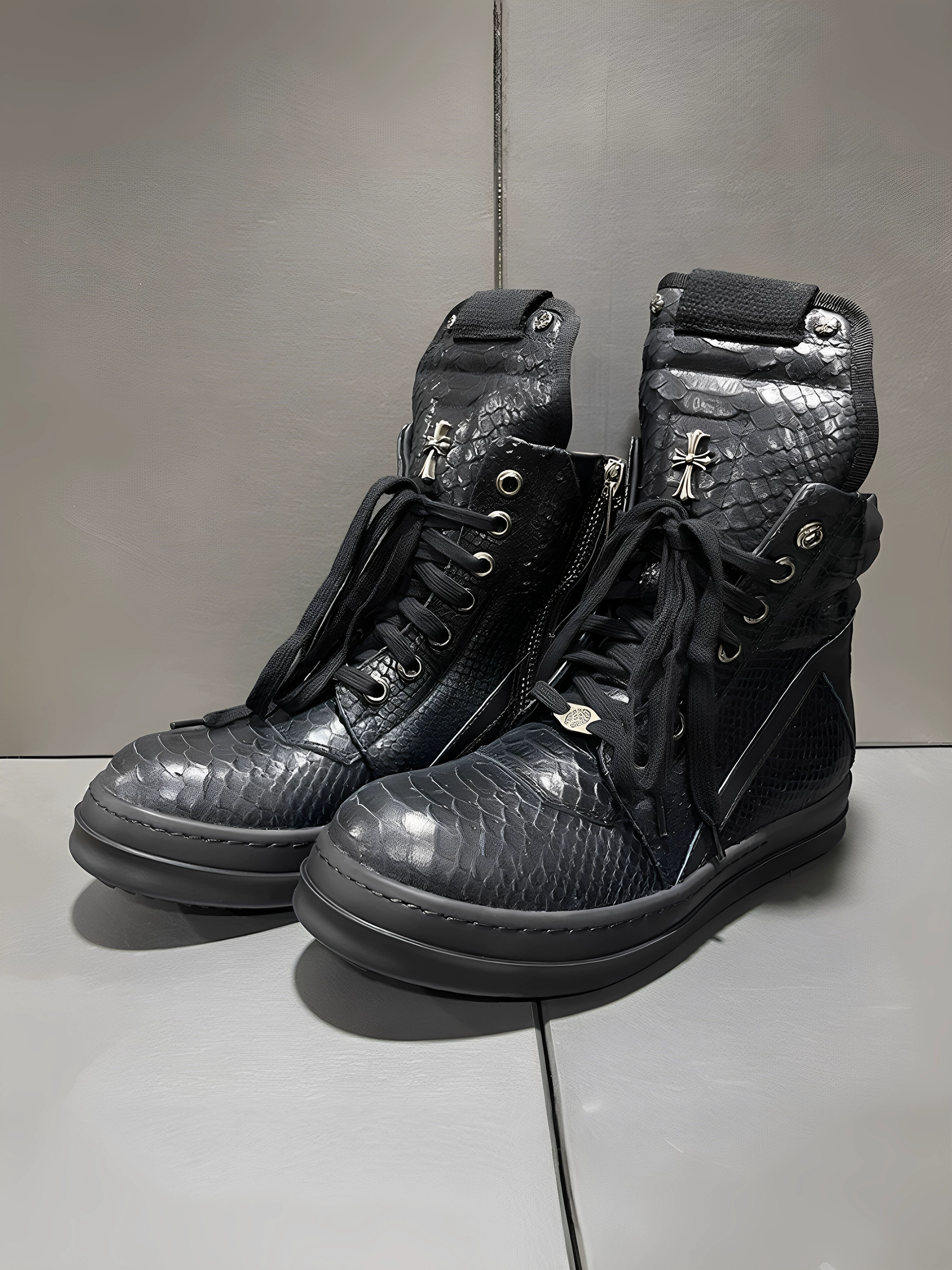 Rick Owens High-Top Black Snake Pattern Leather Sneakers Men's