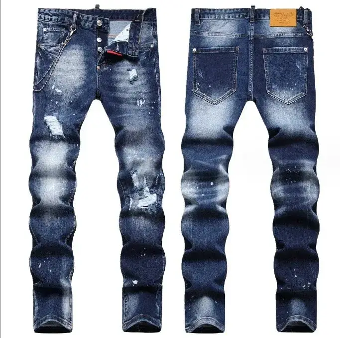 2025 Autumn Street Style Men's Ripped Jeans Fashionable Patchwork Slim Fit Mid-Waist Pants Trendy