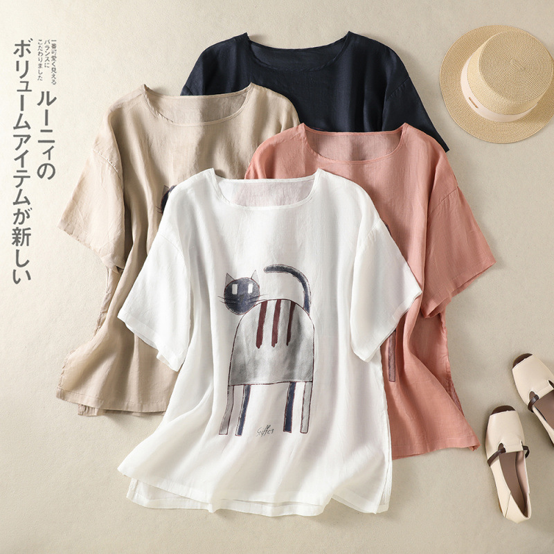 2026 Summer New Style Printed Short-Sleeved T-Shirt for Women, Cotton and Linen Half-Sleeved Top, Retro Round Neck T-Shirt, Bottoming Shirt for Women