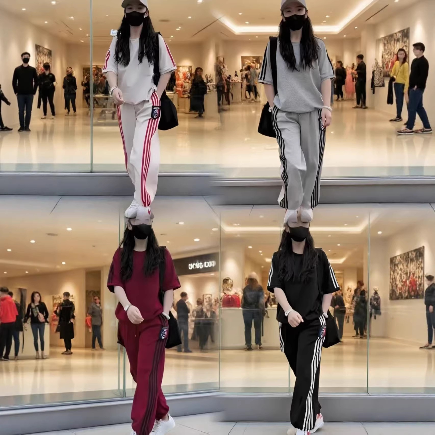 Casual Striped Sports Suit for Women, New Spring, Summer, and Autumn Korean Style Loose Round Neck Short-Sleeve Thin Wide-Leg Pants Two-Piece Set