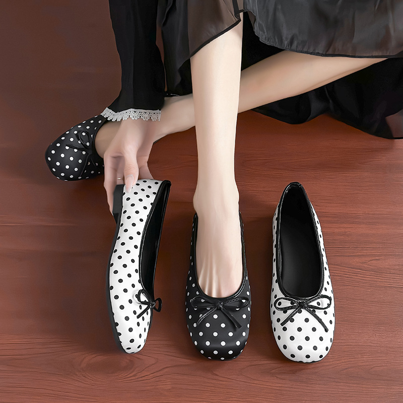 Hui Liya T313 French-Style Flat Bow Gentle Evening Shoes for Women 2026 Spring Satin Polka Dot French Style