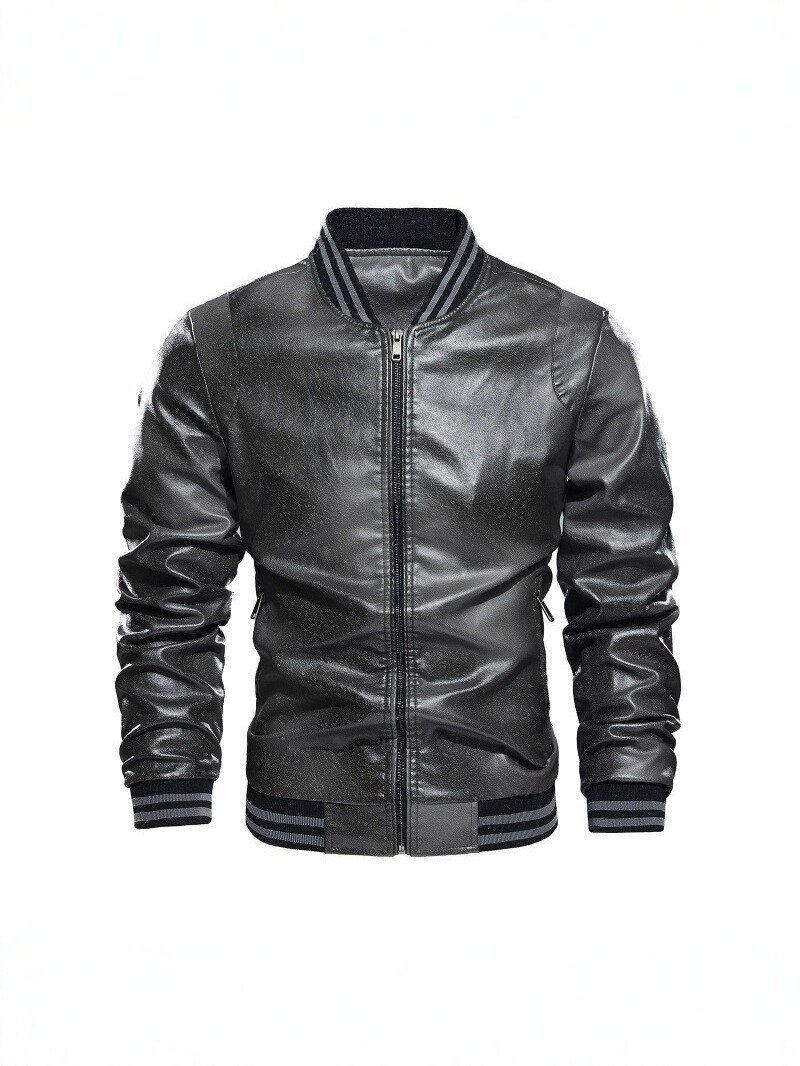 Cross-Border Men's Pu Leather Jacket with Stand Collar, Motorcycle Style, Slim Fit, Spring and Autumn Coat, Trendy Korean Style Casual Leather Jacket for Men