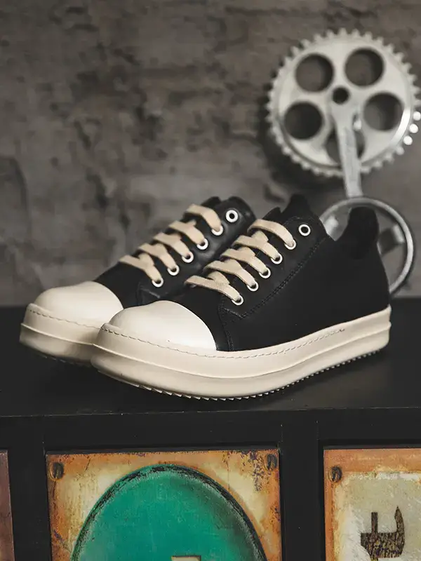 Ro Low-Top Genuine Leather Men's Shoes, Milk-Flavored Soles, Thick Soles, Heightening Laces, Black and White Couple Shoes, Fashionable and Versatile Sneakers for Women