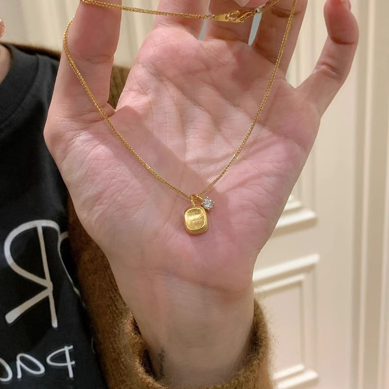 Brushed Small Cube Necklace 2026 New Sweater Chain Versatile Gold Pendant High-End Light Luxury Collarbone Chain Custom-Made