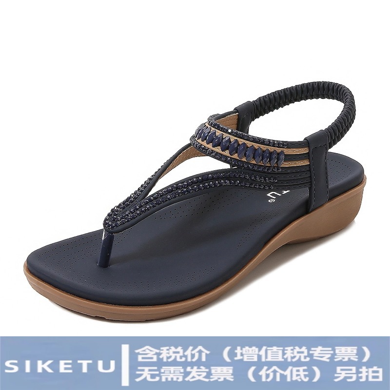 2026 Summer New European and American Style Women's Sandals with Elastic Straps, Beaded, Soft, Breathable, Lightweight, Comfortable, Large Size Wedge Heels for Women