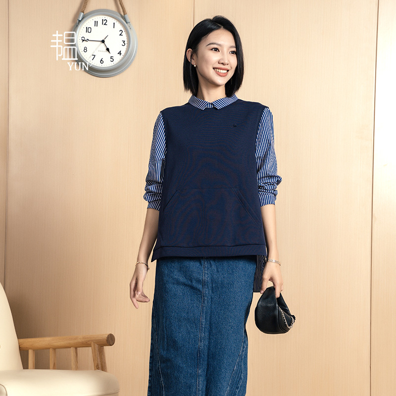 Yun Women's Knitwear Fake Two-Piece Autum Stripesd Women's Long-Sleeved Black New Loose Artistic Top