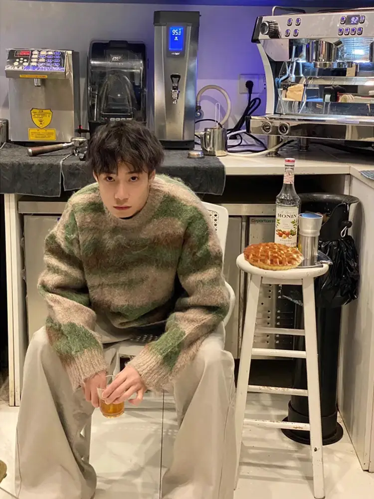 Mohair Color-Block Striped Sweater for Men, Casual Style with a High-End Feel, Japanese Retro Couple Knitwear Jacket, Trendy