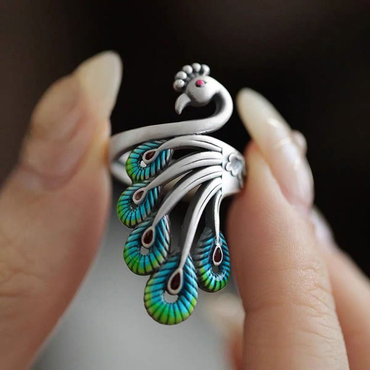 New Chinese Style National Style Peacock Ring Female Niche Design Enamel Color Ethnic Style Literary Retro National Fashion Food Finger Ring Female