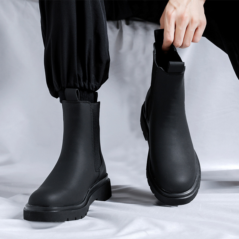 European and American Retro Thick-Soled Height-Increasing High-Top Chelsea Boots 2026 Autumn and Winter New Dark Style Slip-On Trendy Men's Motorcycle Boots