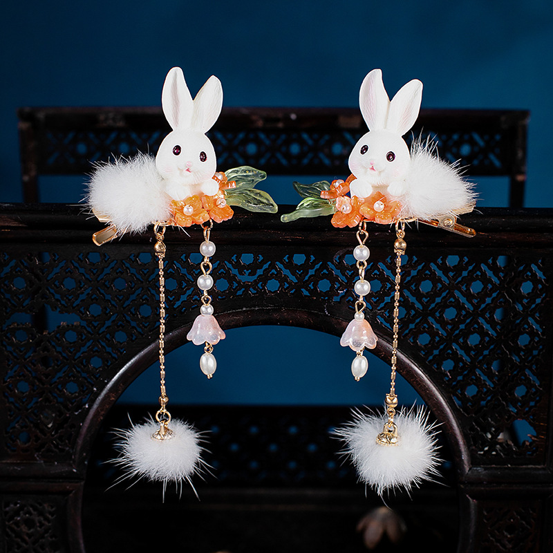 Ancient style plush hairpin Hanfu headdress rabbit ears fairy tassel hair accessories hair ball clip fresh baked accessories