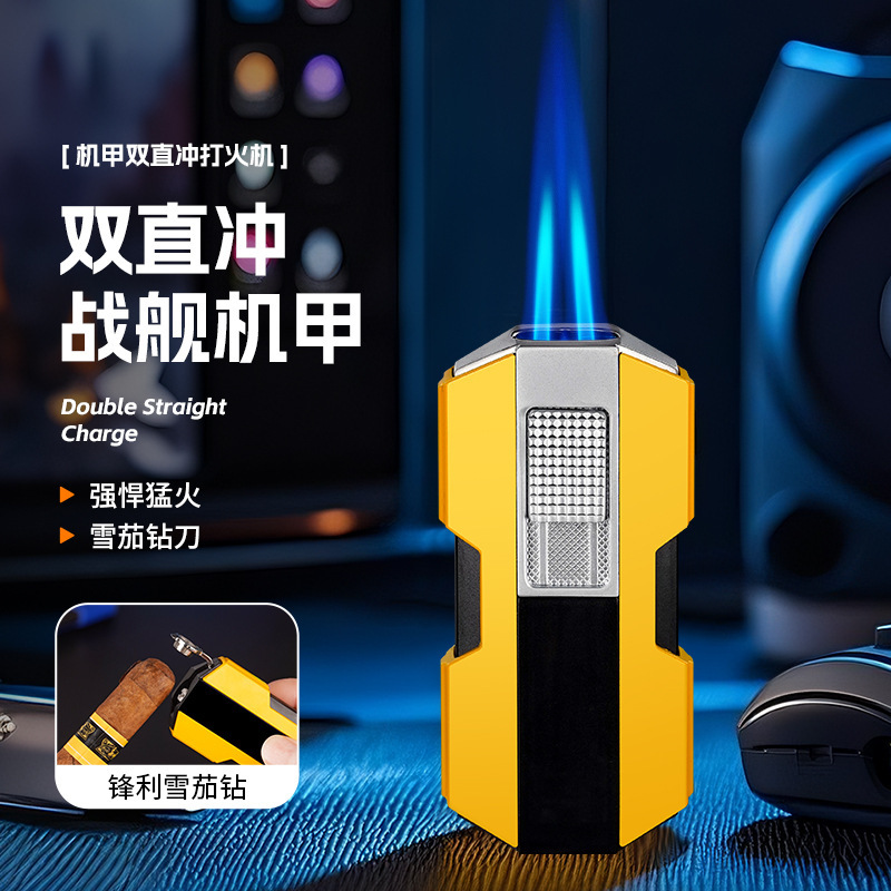 Cross-Border New Model Battleship Mecha-Shaped Dual Jet Flame Lighter with Cigar Cutter and Hole Puncher, Refillable High-Power Lighter