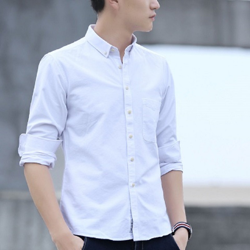 Spring and Autumn New Cotton Oxford Long Sleeve Shirt Youth Men's Top Solid Color Pocket All-match Casual Shirt