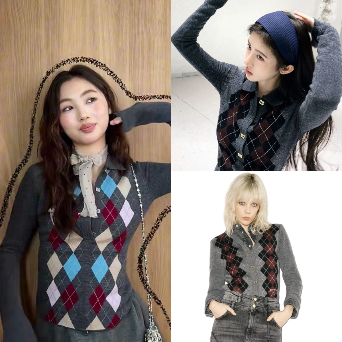 Jue Jing~Yi's New Style Letter Embroidered V Neck Knitted Elastic Quilted Polo Collar Sweater Cardigan Jacket