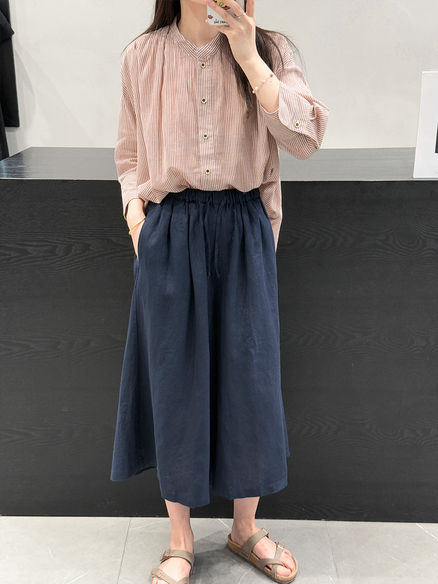 Plus Pure Cotton Women's Shirt Stand Collar Yarn-Dyed Stripesd Ultra-Thin Casual Sun Protection Clothing Half Placket Loose