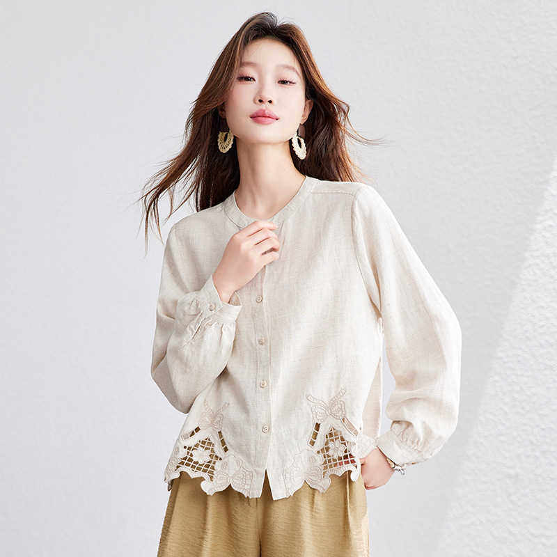 2026 Spring New Casual Style Blouse with a High-End Feel, Hollow Embroidery, Linen Shirt, Loose Fit, Figure-Flattering Top for Women