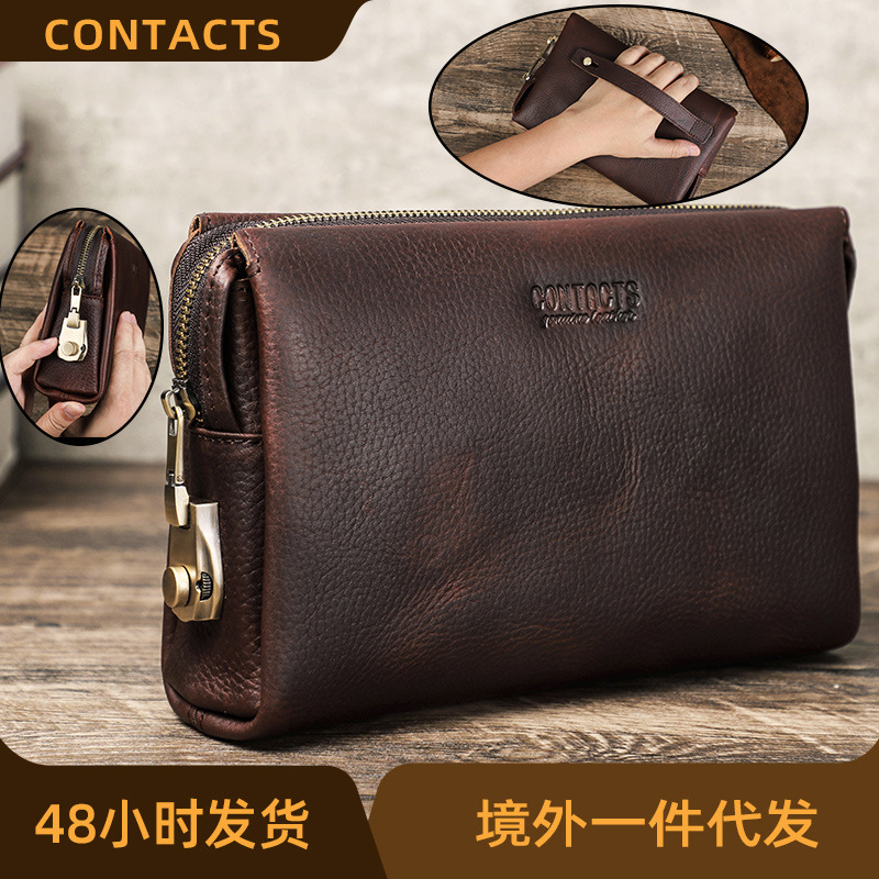 Black Angel First Layer Cowhide Fashion Men's Clutch Anti-Theft Password Lock Casual Men's Crazy Horse Leather Storage Bag