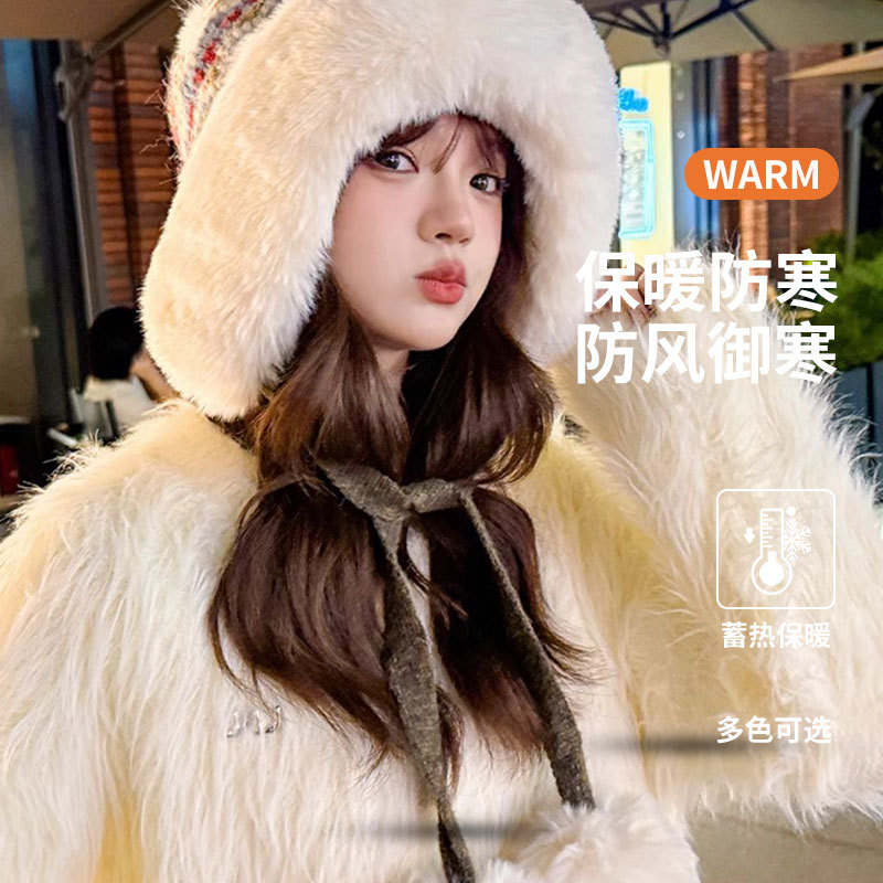 Plush Knitted Hat Women's Autumn and Winter Warm Thickened Cold-proof Sweet Ball Retro Ethnic Style Ear Protection Wool Hat