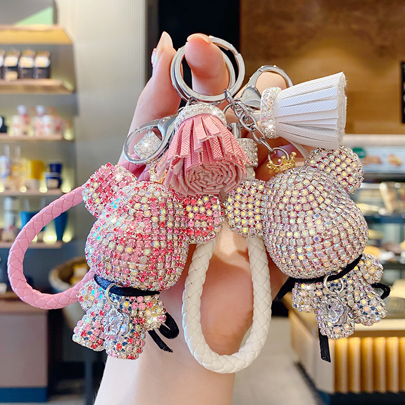Trendy Full Diamond Big Head Bear Doll Keychain Female Cute Bag Pendant Couple Accessories Creative Gift Wholesale