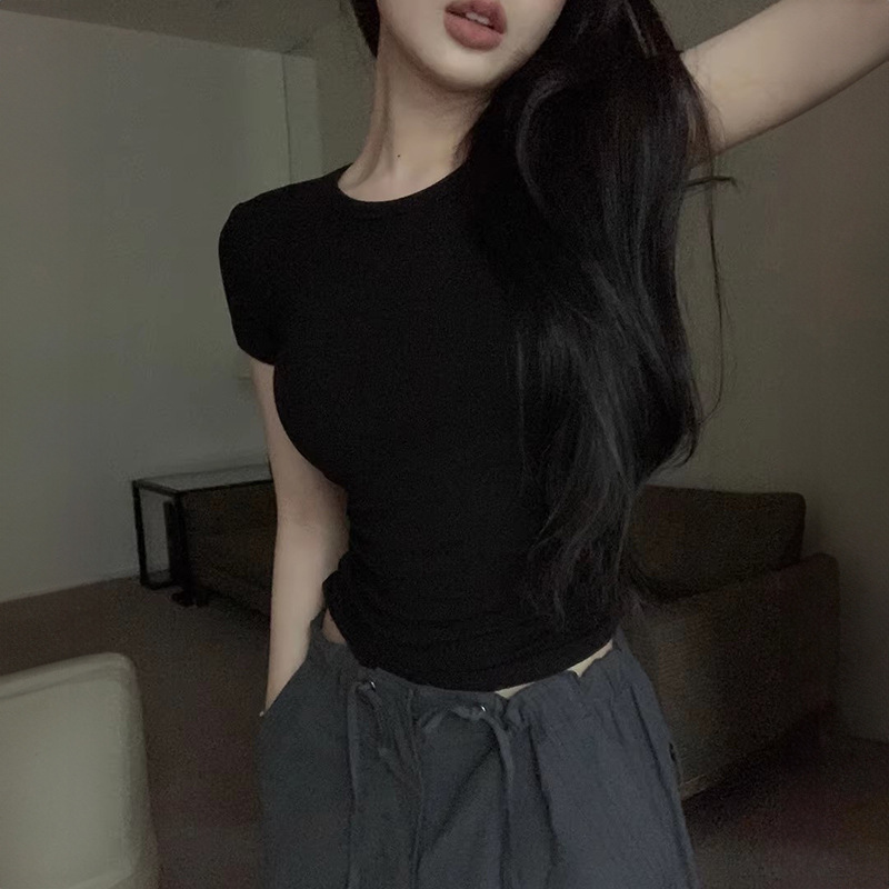 Top Base Shirt 2025 Women's Summer Cotton Breathable Draped Rib Stretch Slim-fit Slimming Short-sleeved T-shirt