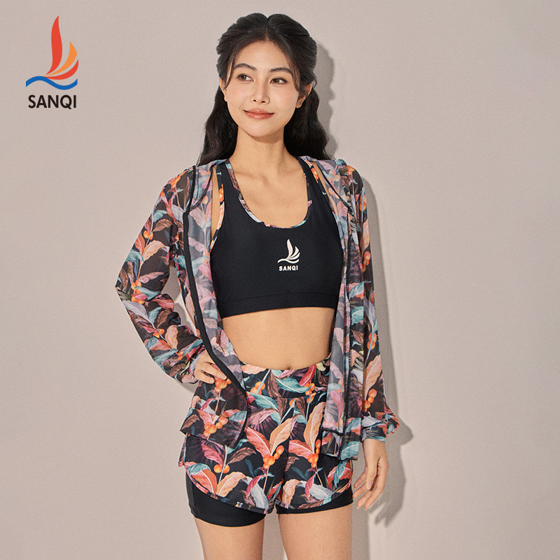 Sanqi Split Swimsuit Women's 2025 New Long-sleeved Sunscreen Blouse Conservative Swimwear Slimming Swimsuit Three-piece Set