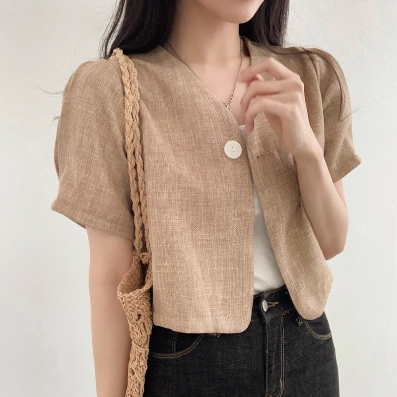 Korean style summer simple linen small suit shirt women's short elegant texture all-match one button top small coat